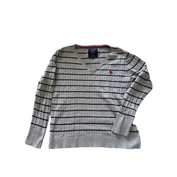 U.S. POLO ASSN. V-Neck Sweater Women’s Large Gray Navy Stripes Cable Knit - Picture 2 of 7